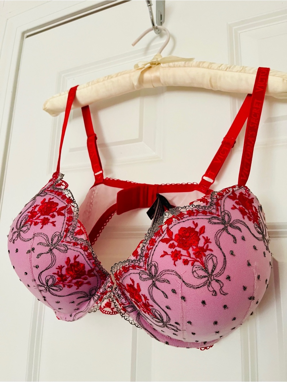 NWOT Victoria's Secret Pink Bra with Red Floral Sparkly Embroidery